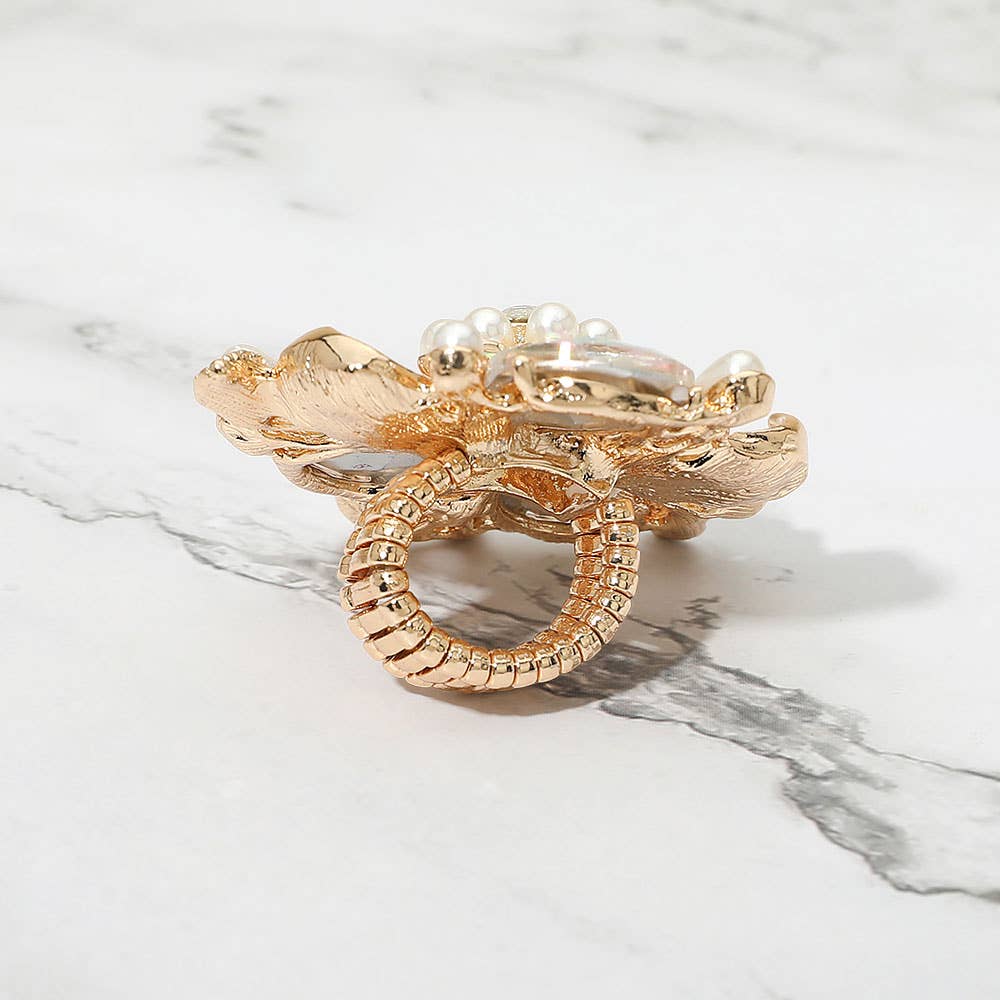 Pearl Stone Embellished Oversized Flower Stretch Ring