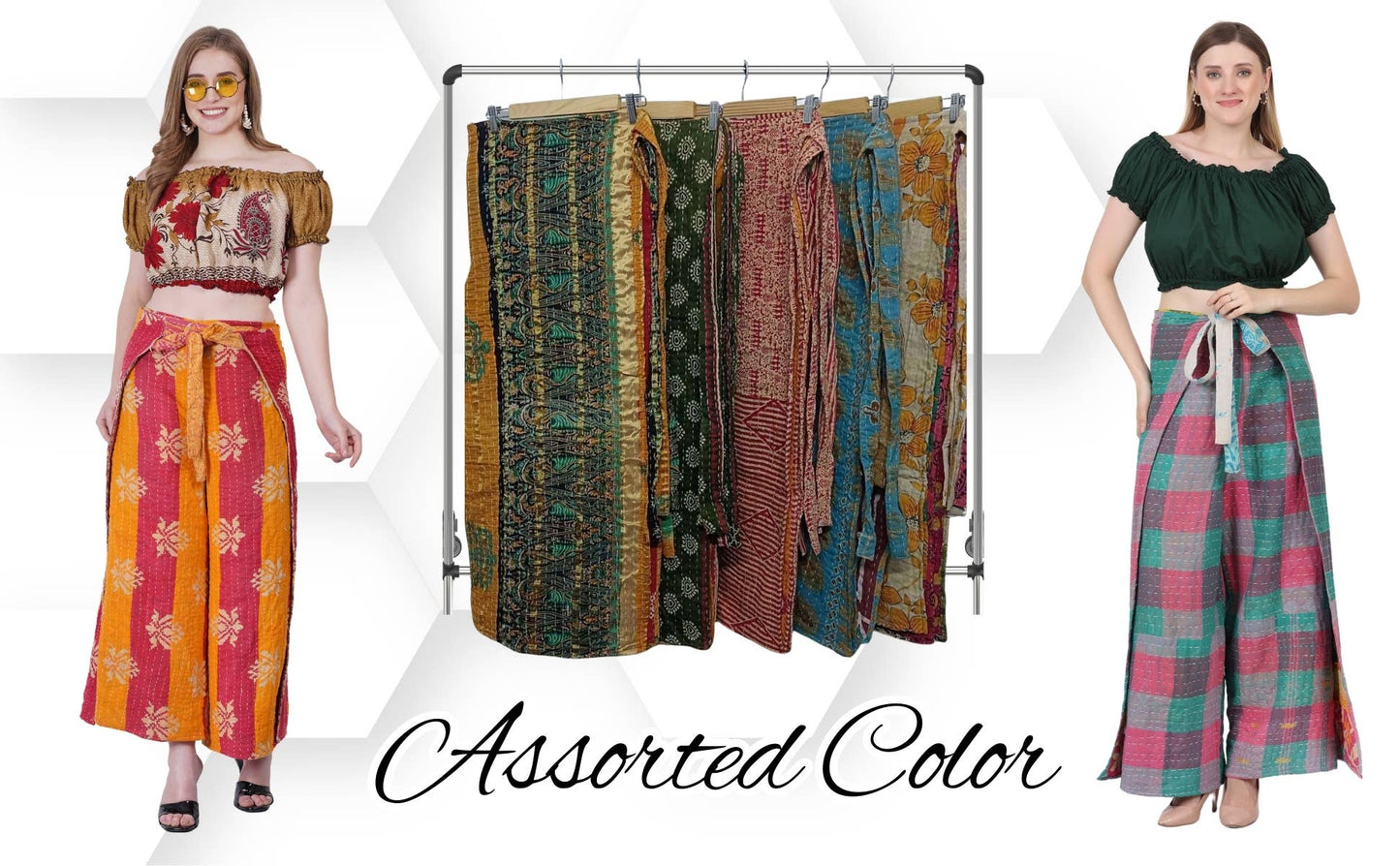 Women Wide Leg Kantha Fabric Tie Knot Thai Wrap Pant Mix Lot