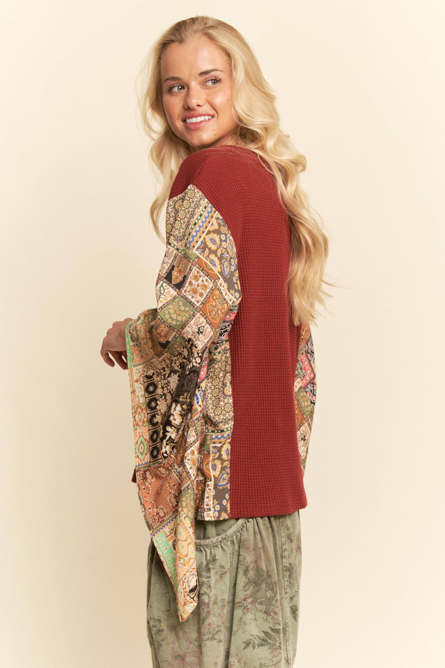 BOHO PATCHWORK KNIT TOP WITH FLOWER