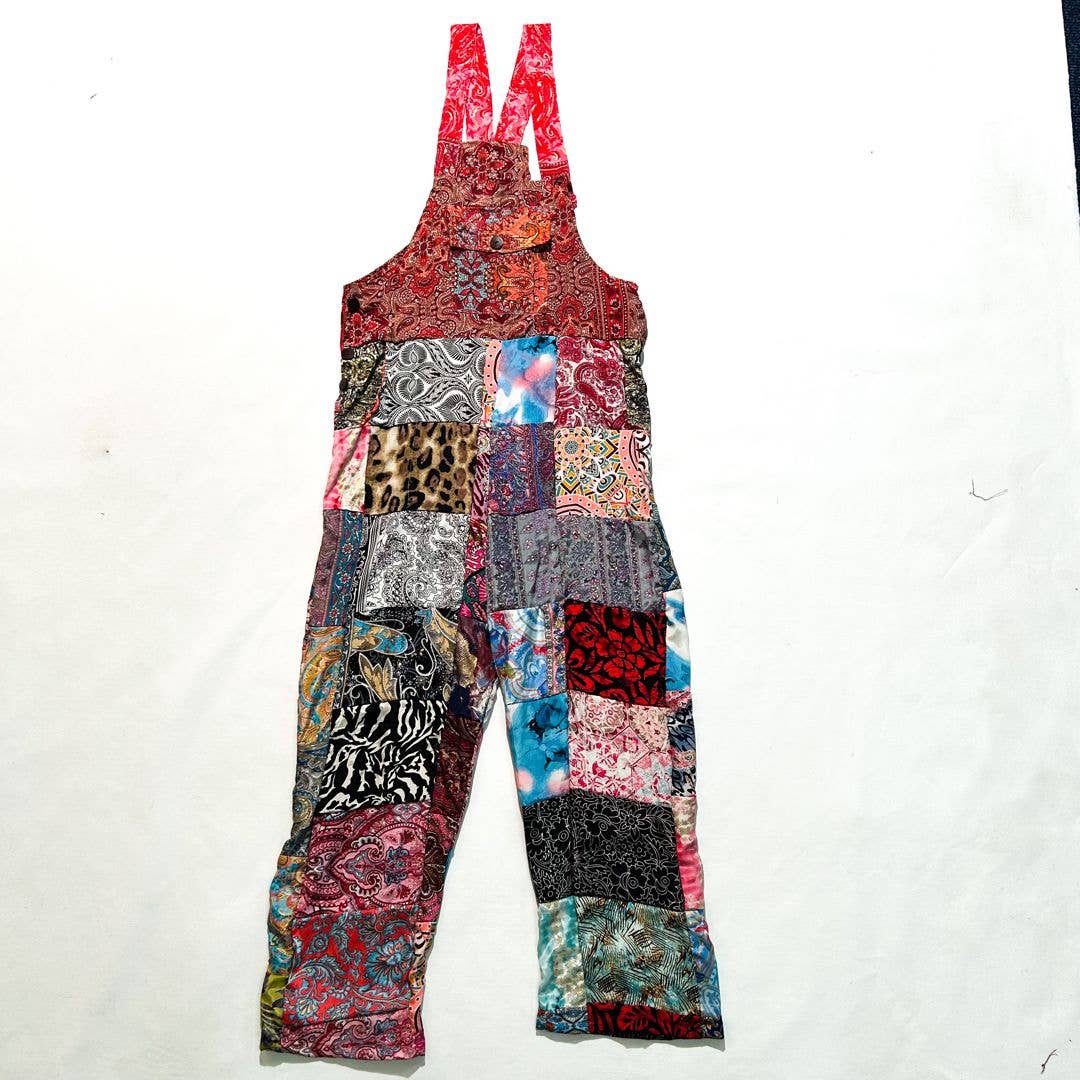 Multicolor Mixed Print Patchwork Overalls