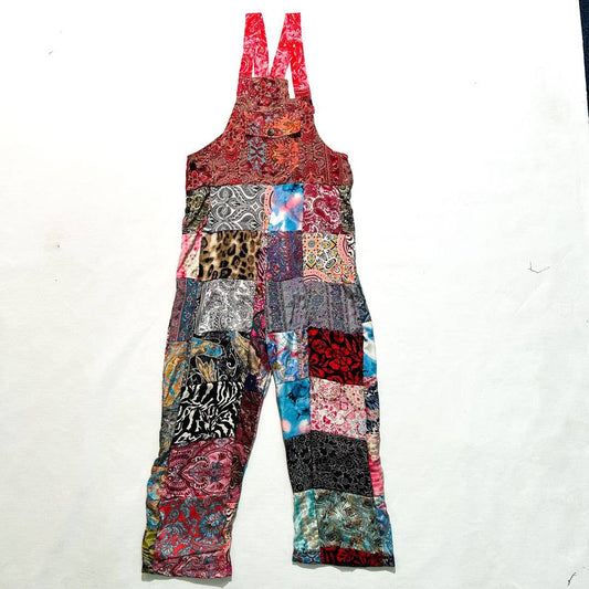 Multicolor Mixed Print Patchwork Overalls