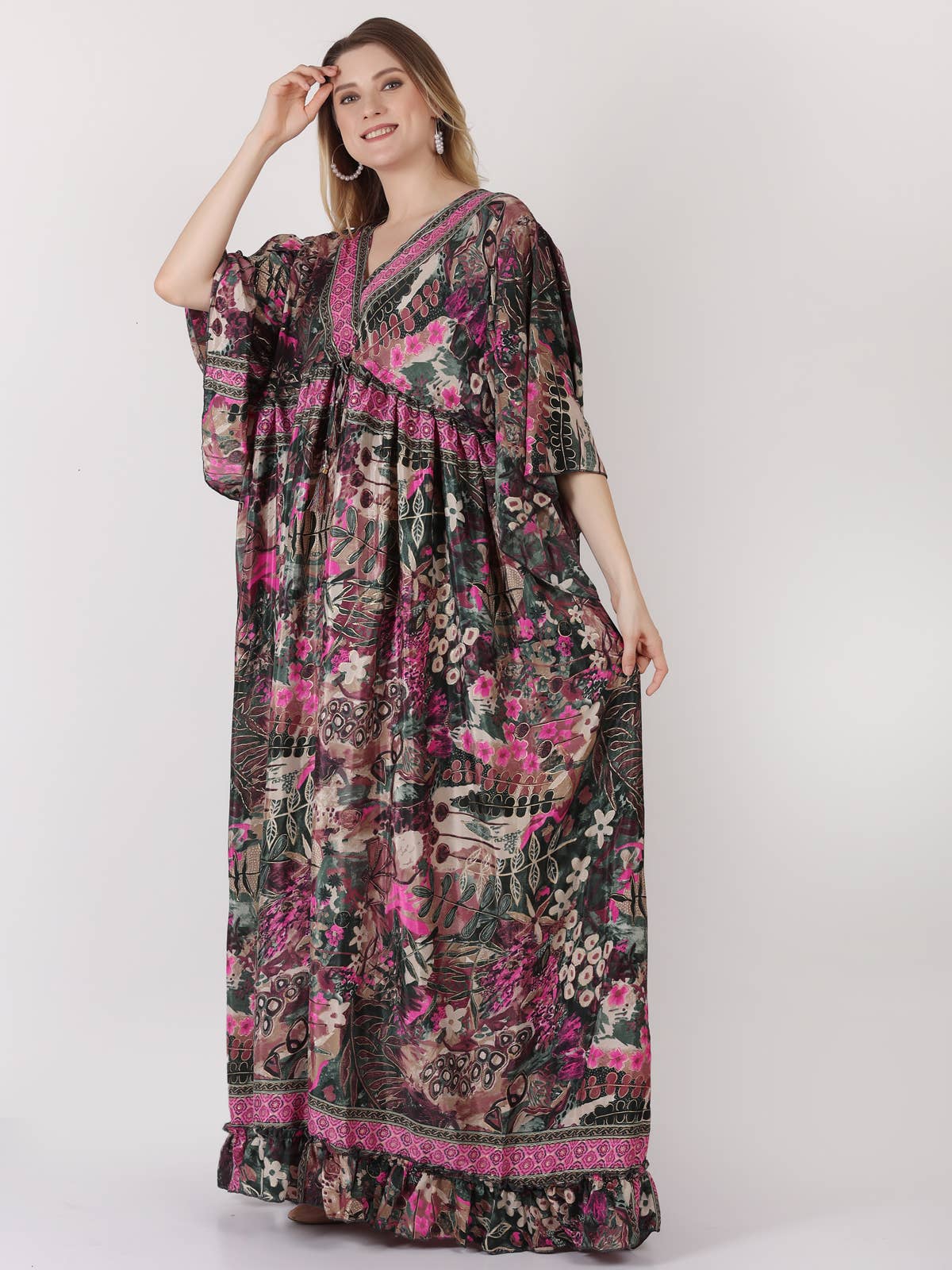 Women's Casual 3/4 Sleeves V-Neck Floral Maxi Tie up Dress