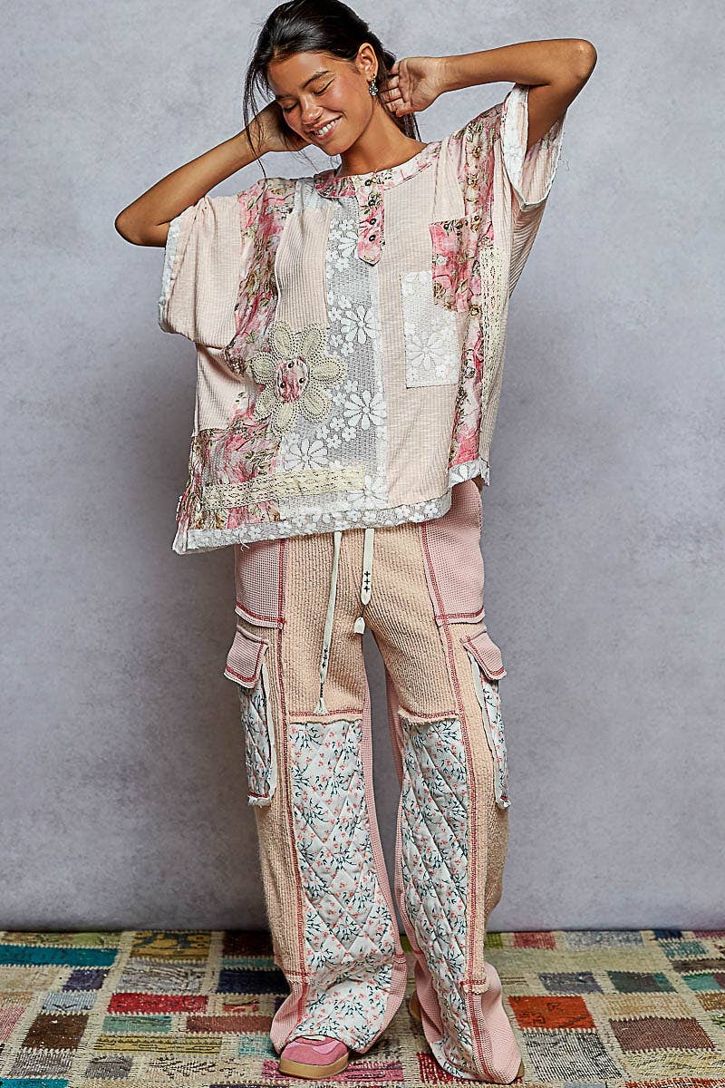 Round Neck Short Sleeve Floral Knit Rib Top SALE