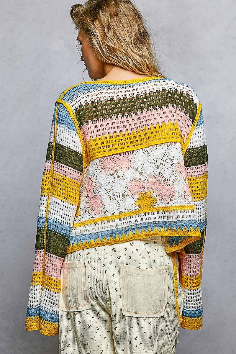 Long Sleeve Crochet Striped Tie Closure Open Cardigan Top