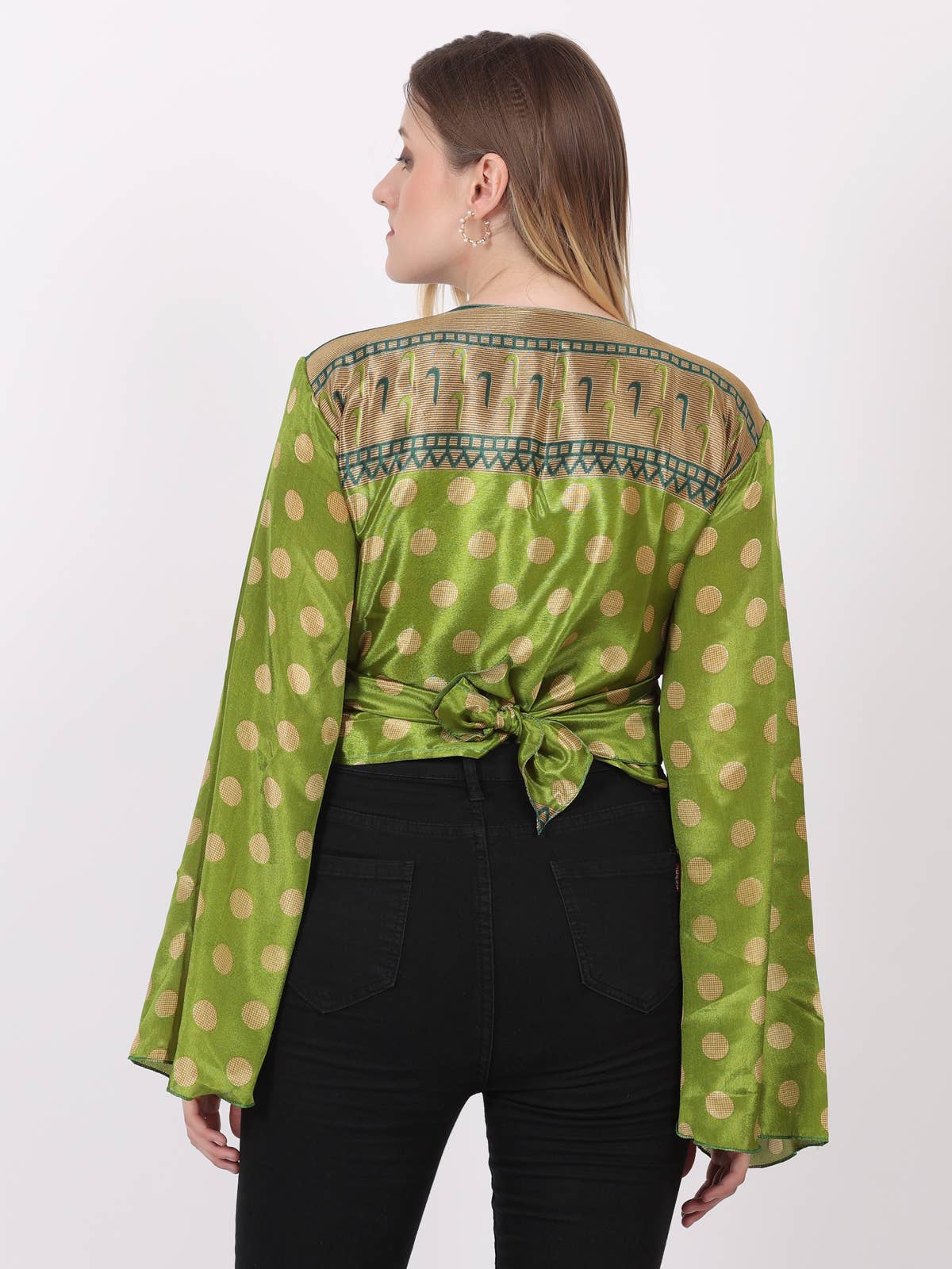 Women's Hippie V Neck Long Bell Sleeve Tie knot Floral Tops