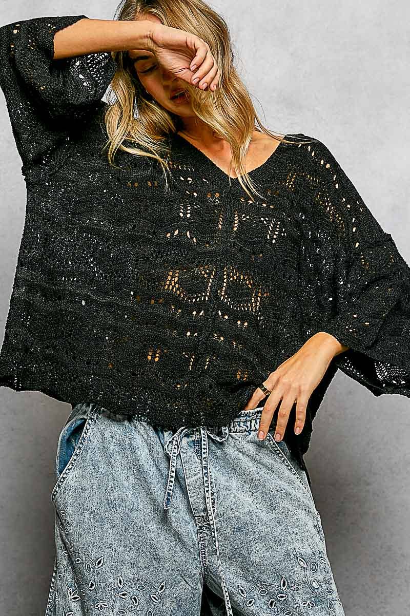 Open Knit V-Neck Oversized Short Sleeve Sweater Top SALE