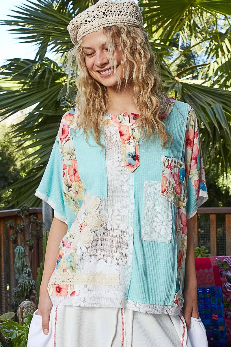 Round Neck Short Sleeve Floral Knit Rib Top SALE