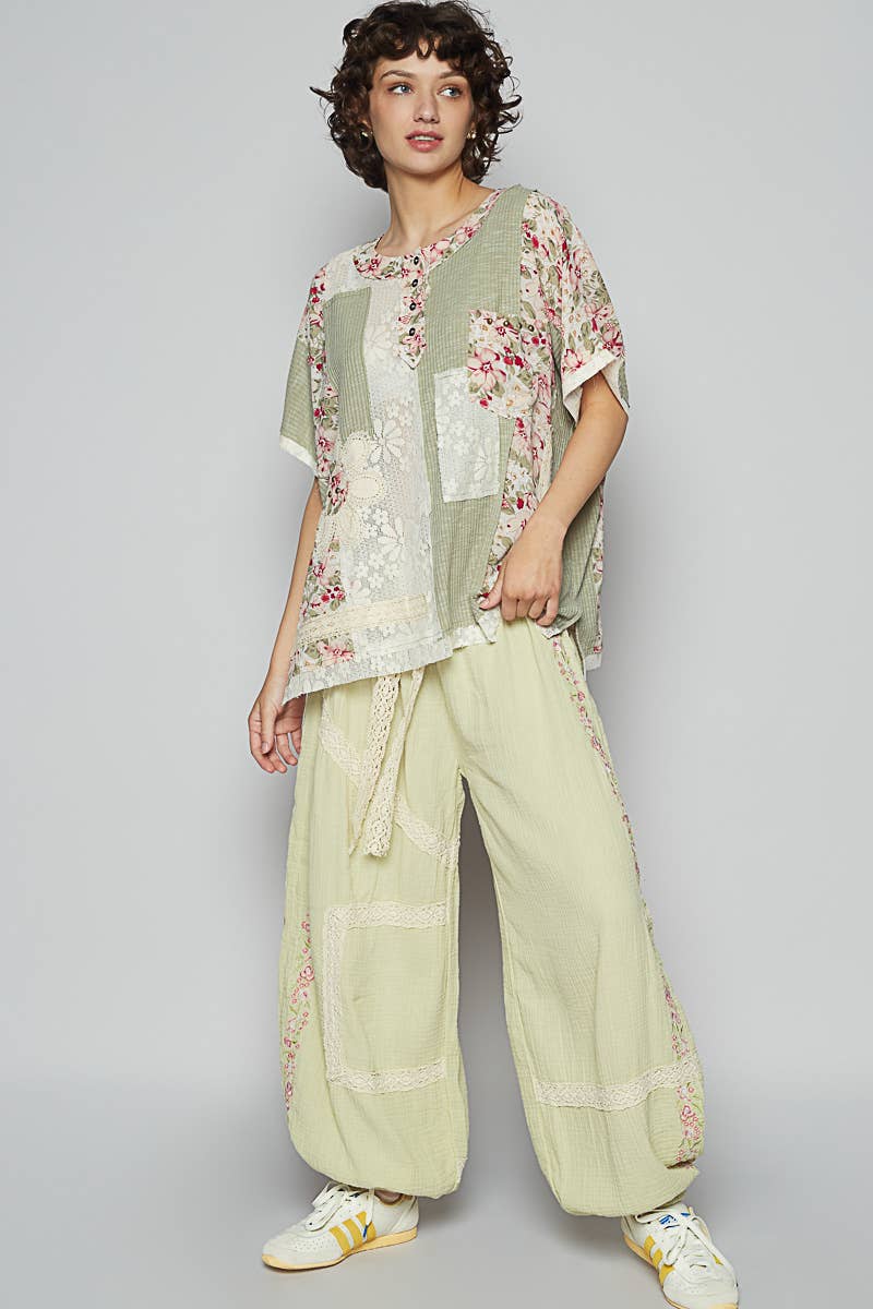 Round Neck Short Sleeve Floral Knit Rib Top SALE