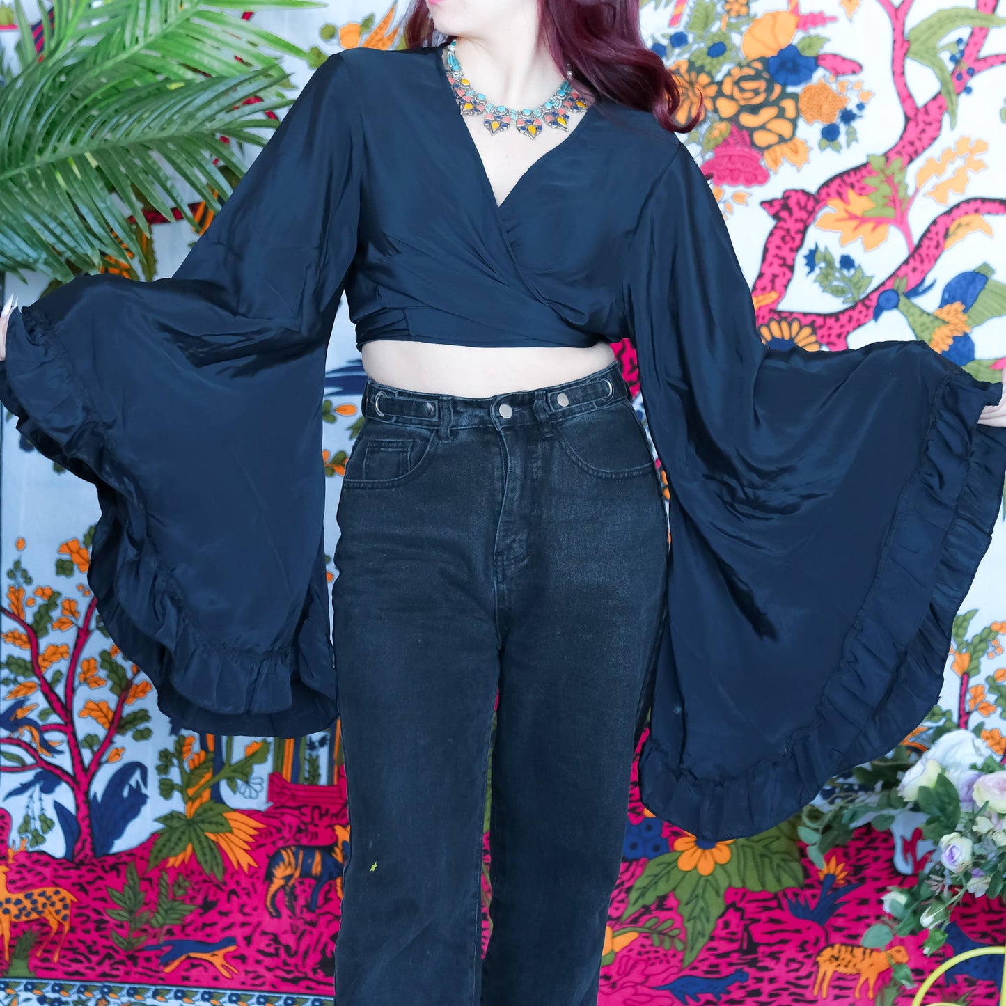 Solid Color Ruffle Sleeve Wrap Top