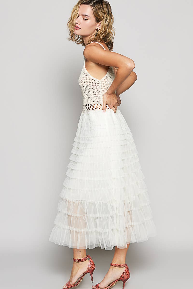 Round neck sleeveless crochet lace ruffle dress
