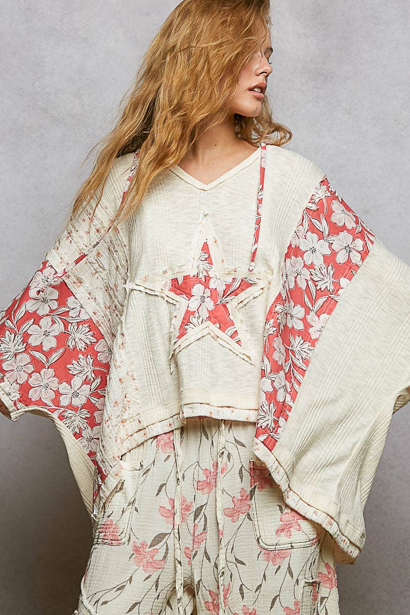 Long Sleeve Lace Contrast Floral Star Patch Knit Top SALE