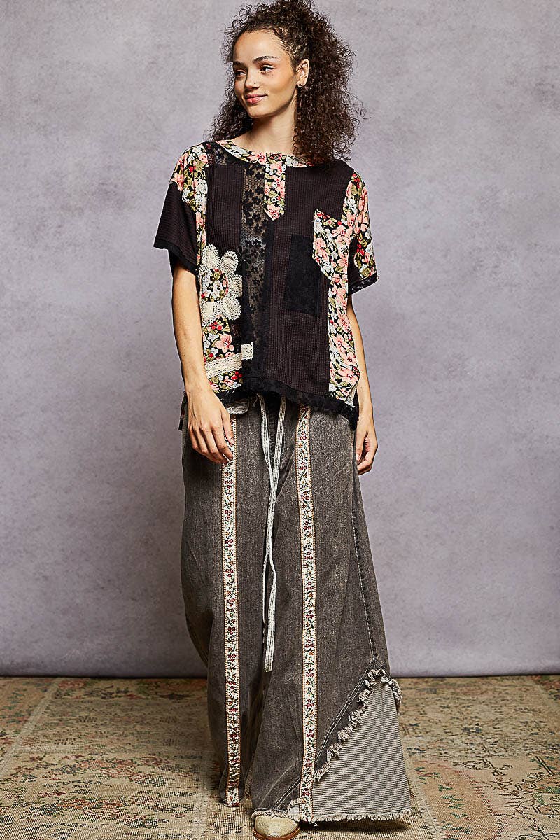 Round Neck Short Sleeve Floral Knit Rib Top SALE