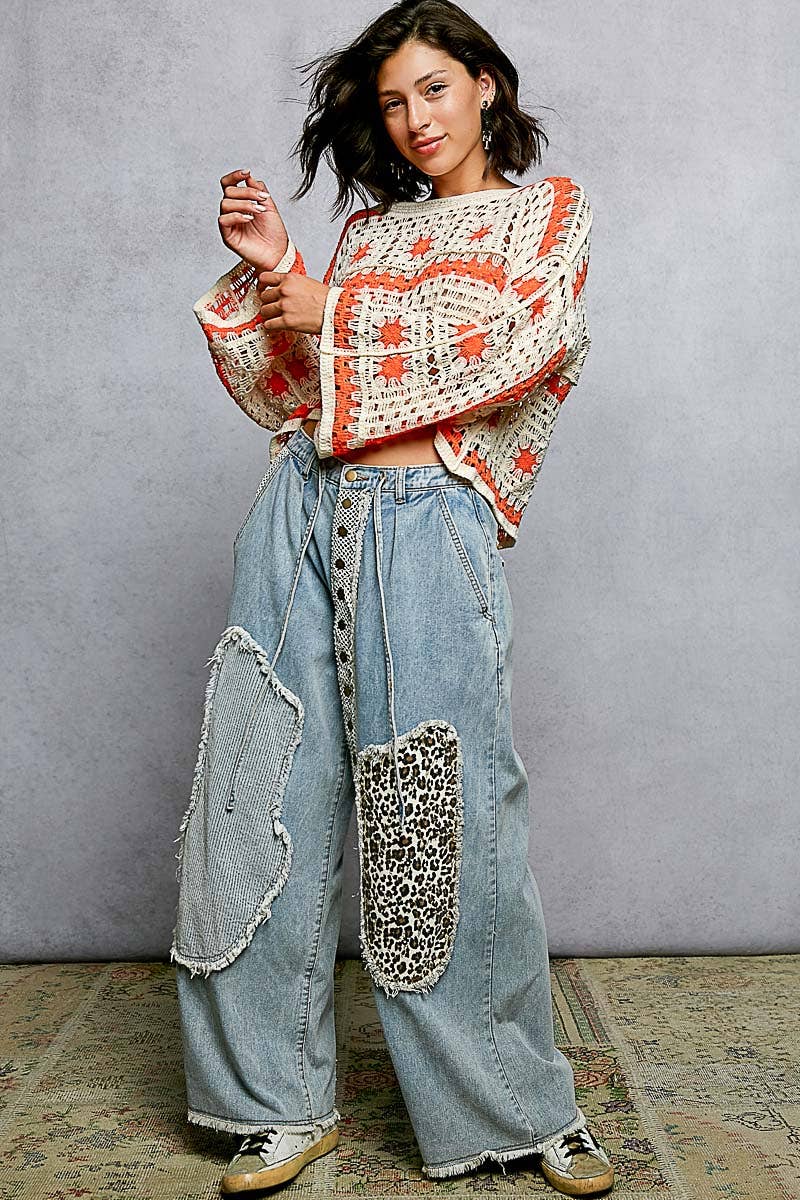 Boat Neck Granny Square Long Sleeves Crochet Top