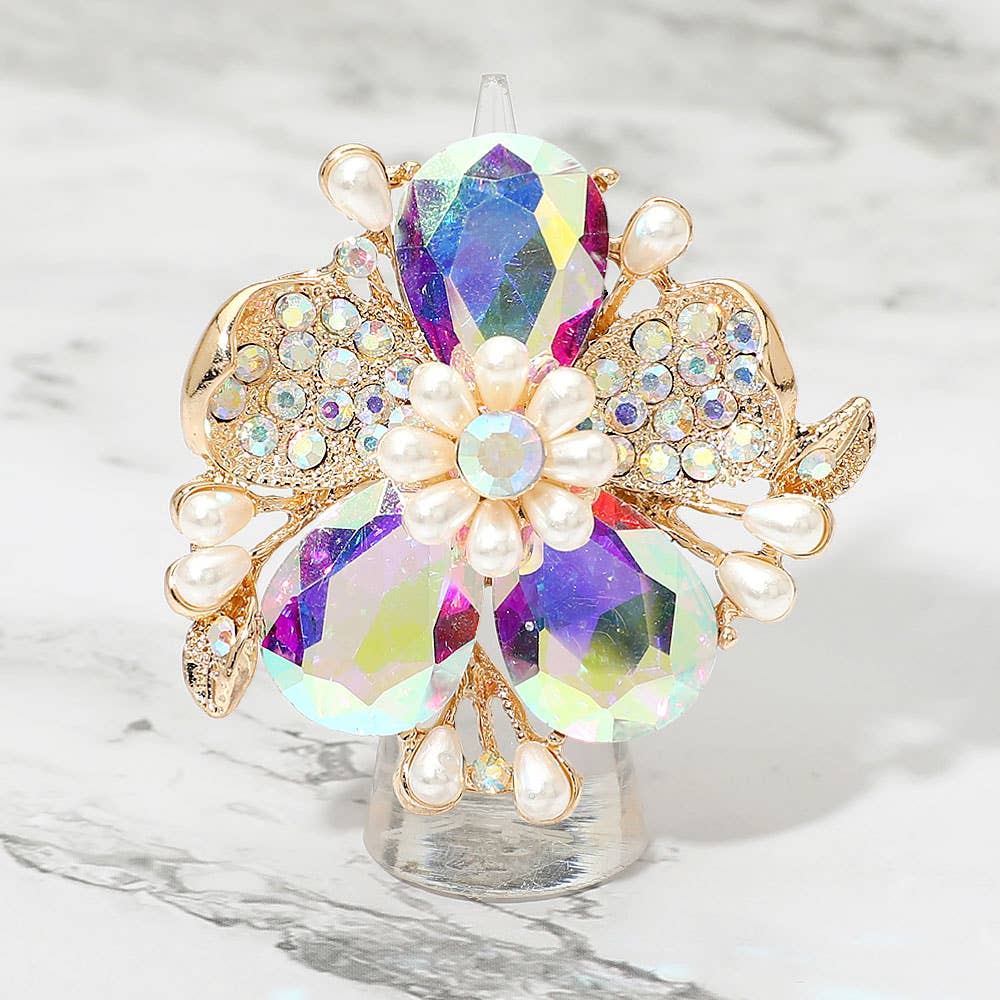 Pearl Stone Embellished Oversized Flower Stretch Ring