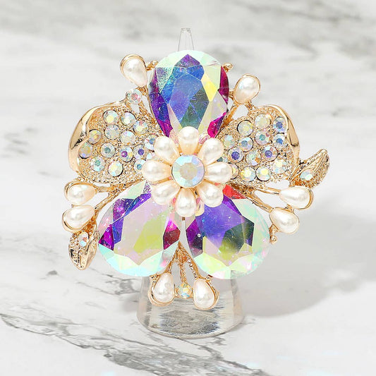Pearl Stone Embellished Oversized Flower Stretch Ring