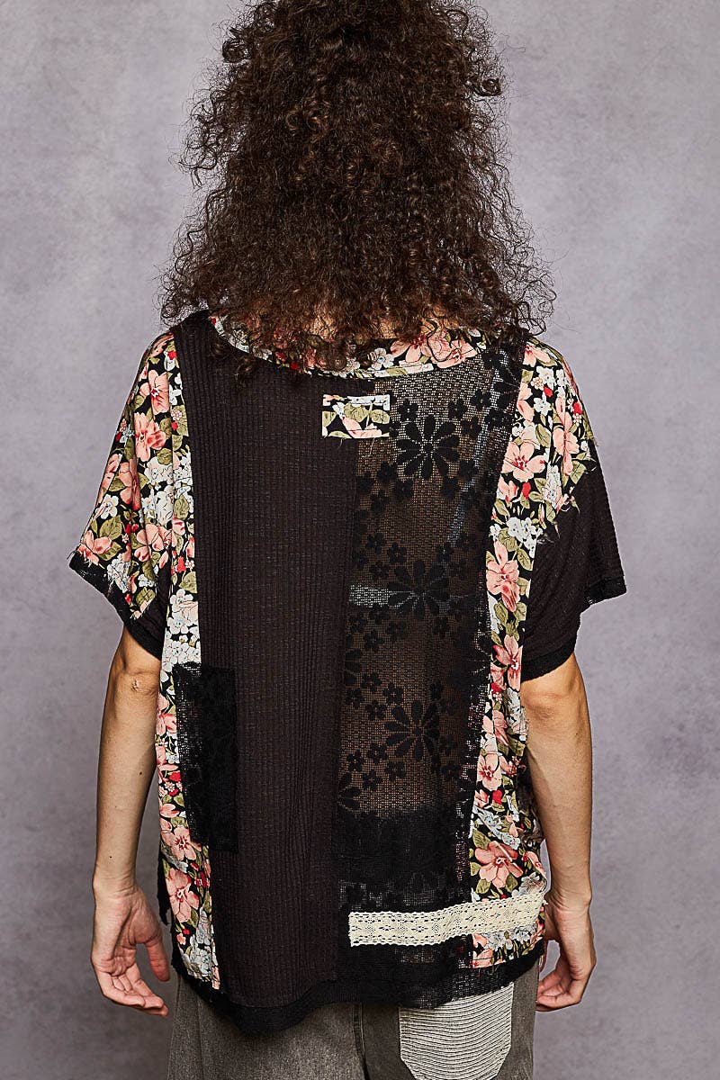 Round Neck Short Sleeve Floral Knit Rib Top SALE