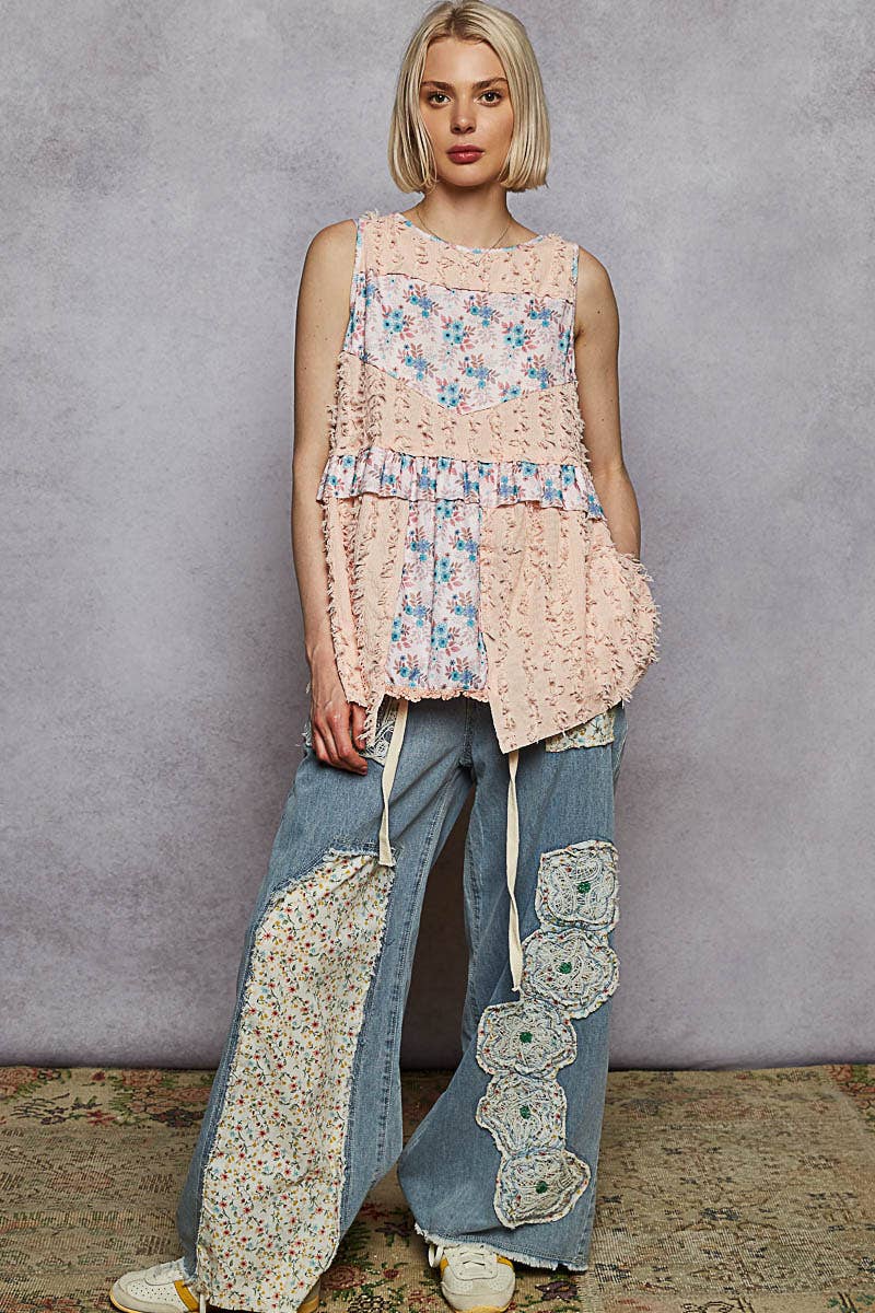 Round neck sleeveless textured woven floral top