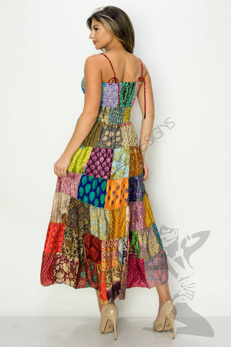 Bohemian Patchwork Maxi Dress with Shoulder Straps