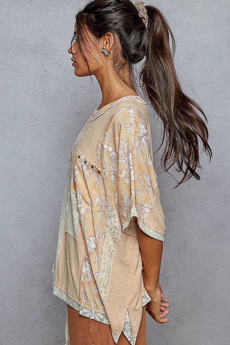 Round Neck Short Sleeve Floral Knit Rib Top SALE