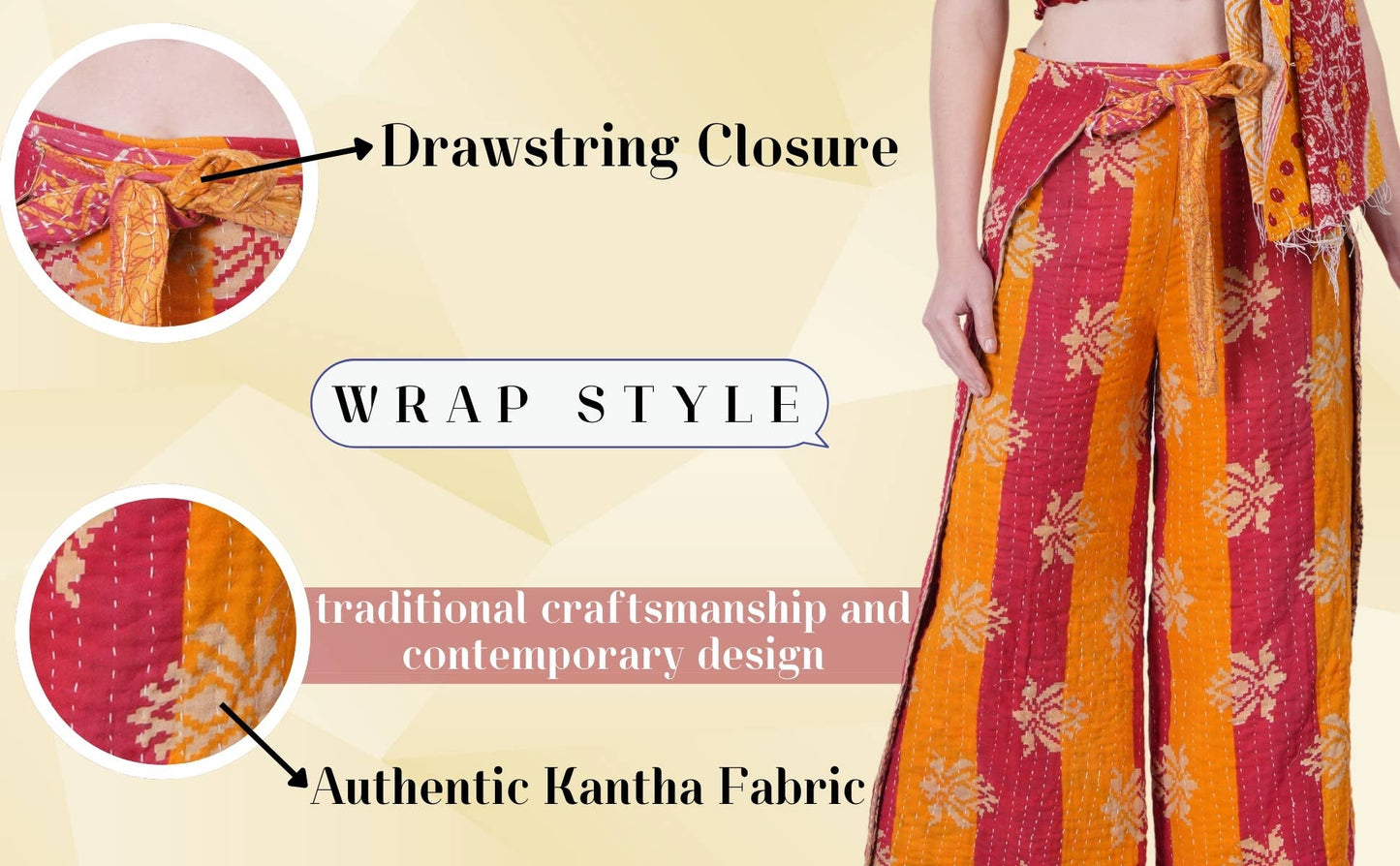 Women Wide Leg Kantha Fabric Tie Knot Thai Wrap Pant Mix Lot