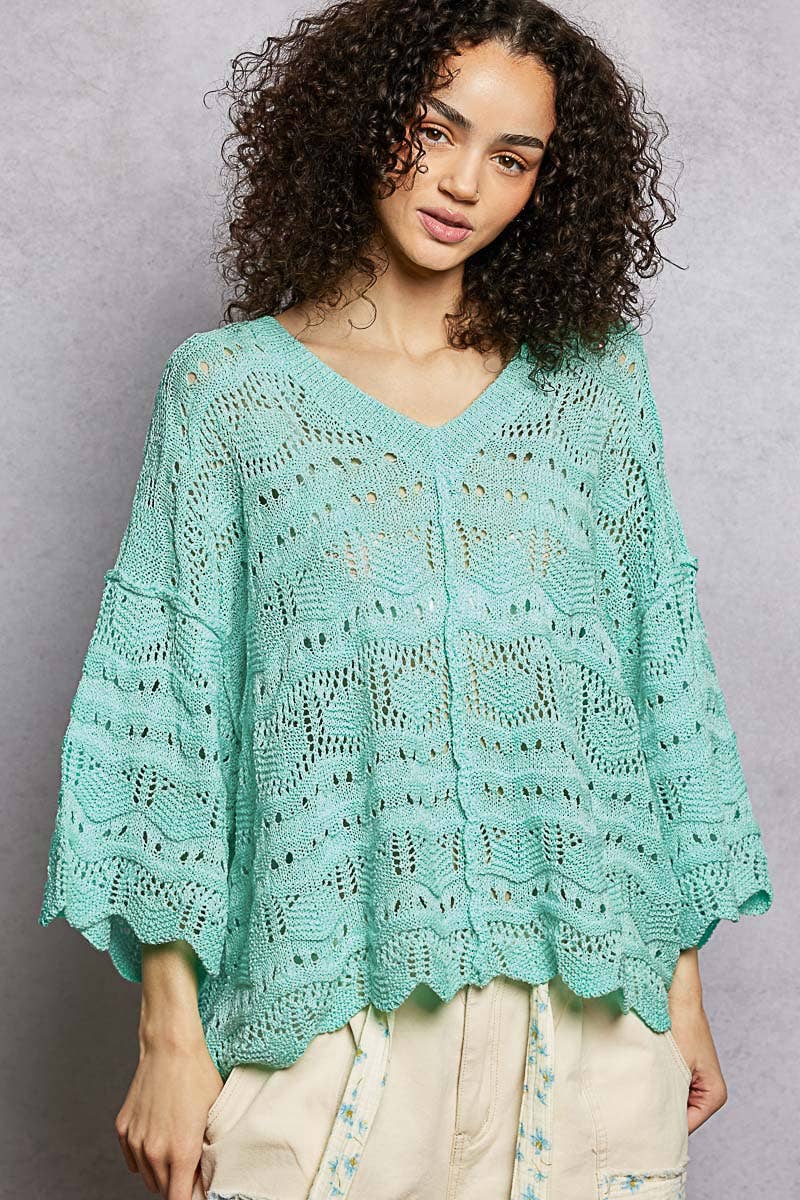 Open Knit V-Neck Oversized Short Sleeve Sweater Top SALE