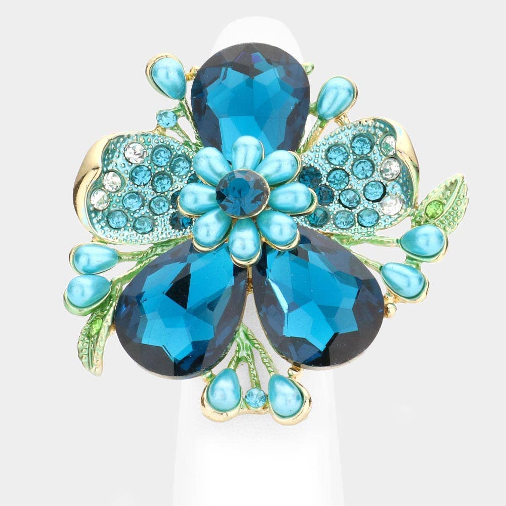 Pearl Stone Embellished Oversized Flower Stretch Ring