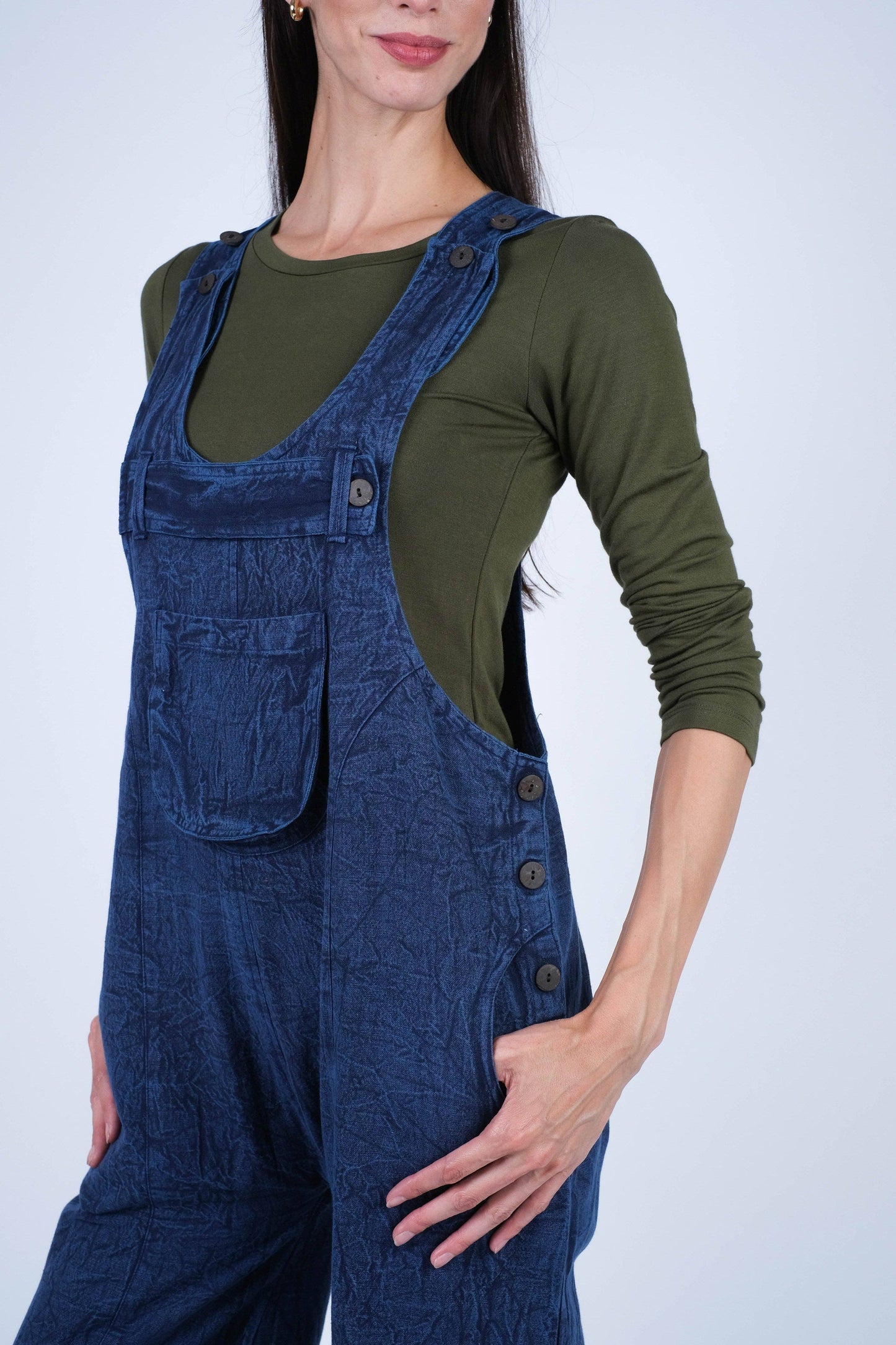 Textured Stone-Washed Cotton Overalls Cuffed Bottoms