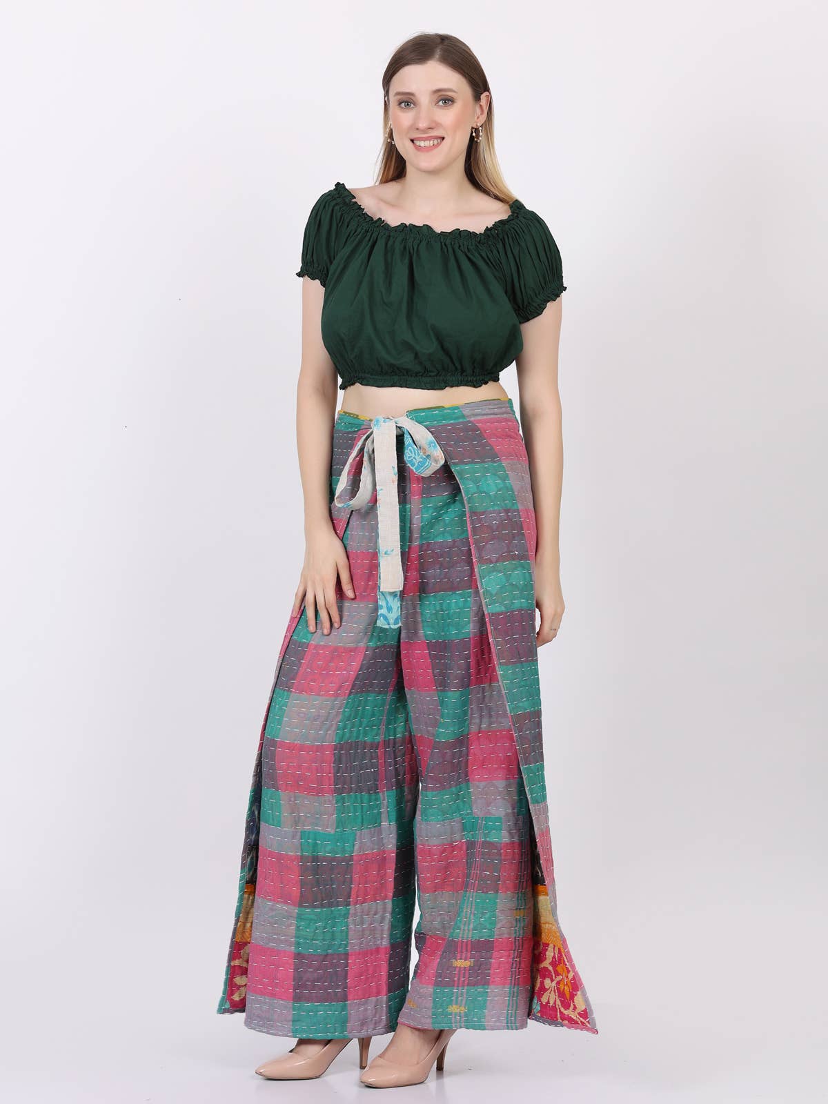 Women Wide Leg Kantha Fabric Tie Knot Thai Wrap Pant Mix Lot