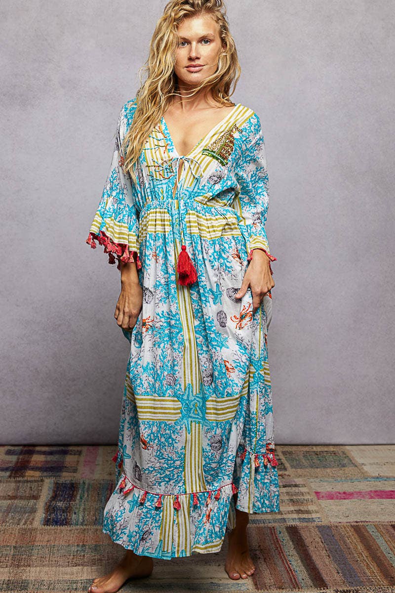 Beach Pattern V-neck Ruffle Sleeves Tassel Maxi Dress
