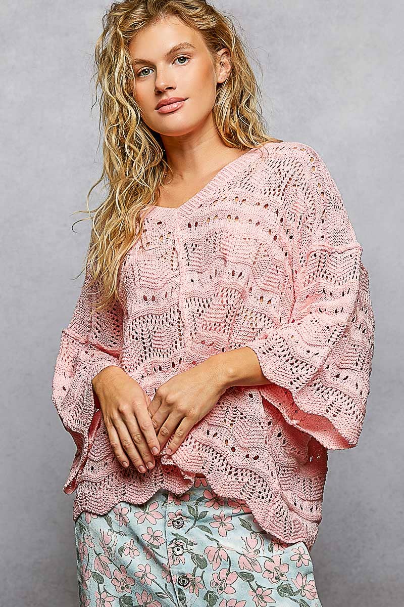 Open Knit V-Neck Oversized Short Sleeve Sweater Top SALE