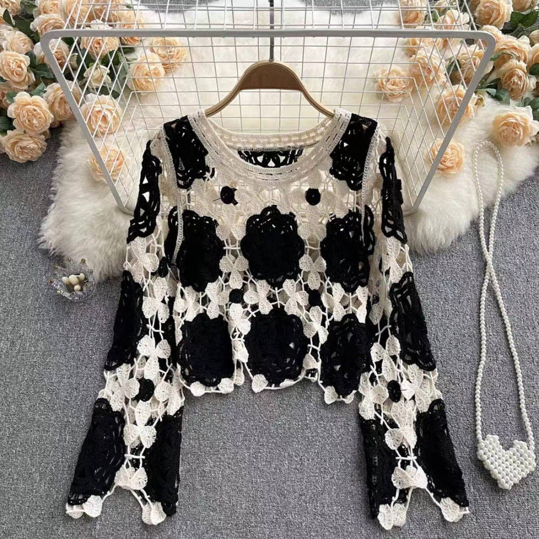 Crosa - Color Block Hollow Knit Long Sleeve Top