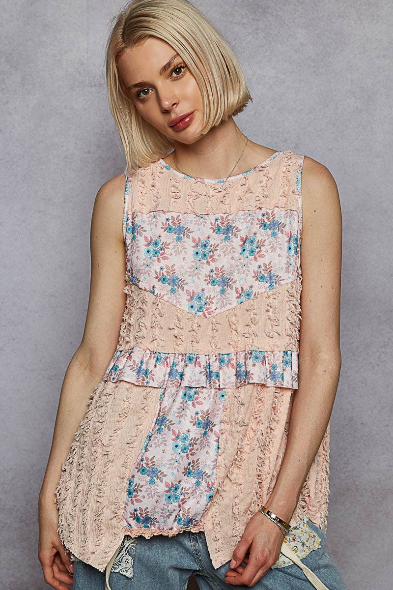Round neck sleeveless textured woven floral top
