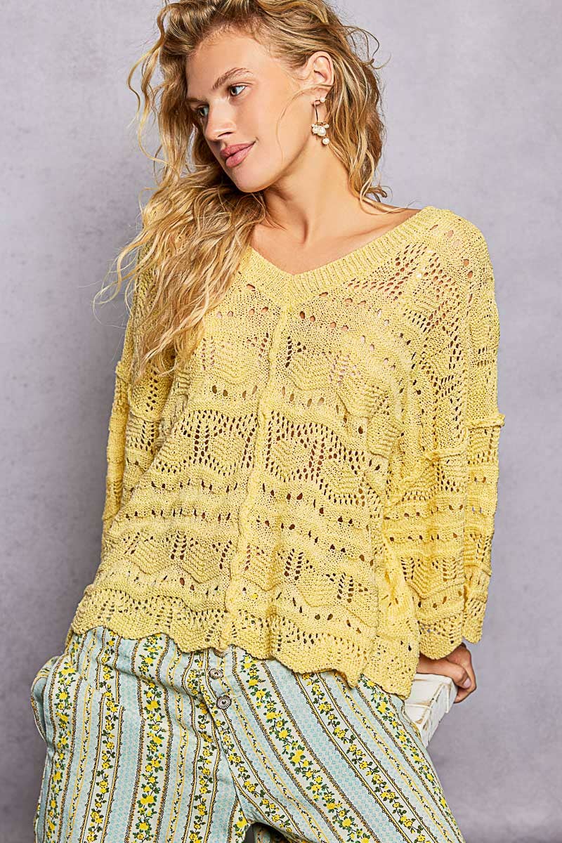 Open Knit V-Neck Oversized Short Sleeve Sweater Top SALE