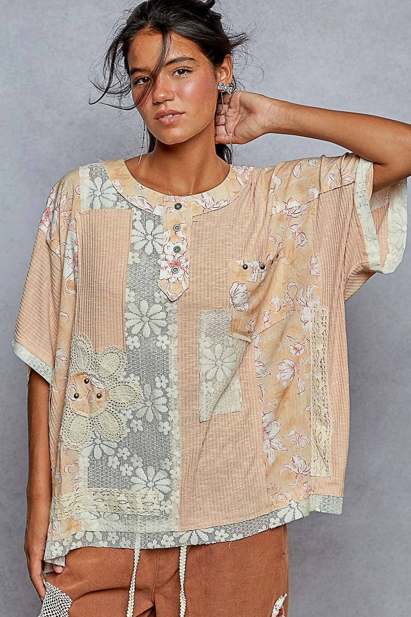 Round Neck Short Sleeve Floral Knit Rib Top SALE