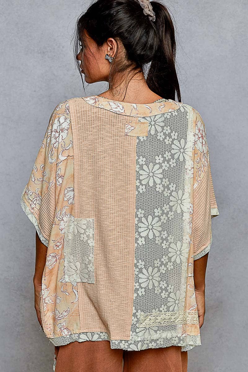 Round Neck Short Sleeve Floral Knit Rib Top SALE