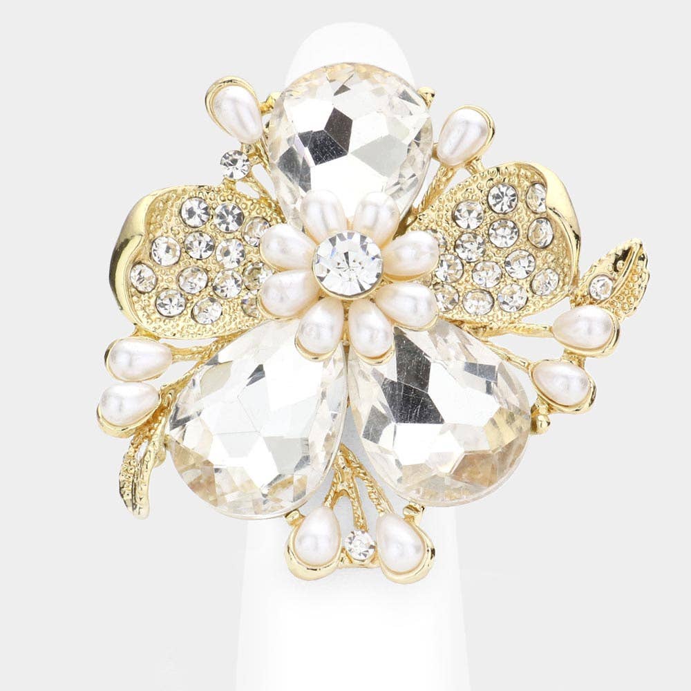 Pearl Stone Embellished Oversized Flower Stretch Ring