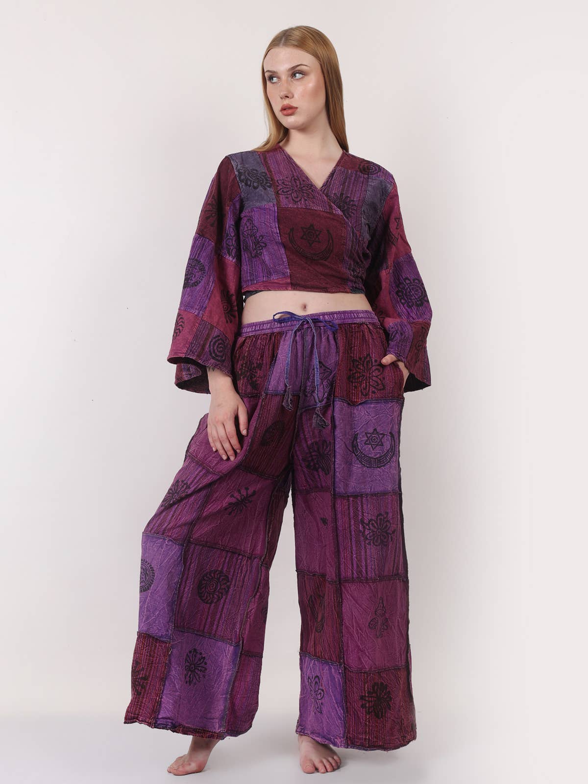 Women's Two Piece Deep V Neck Wrap Top & Wide Leg Pant Set