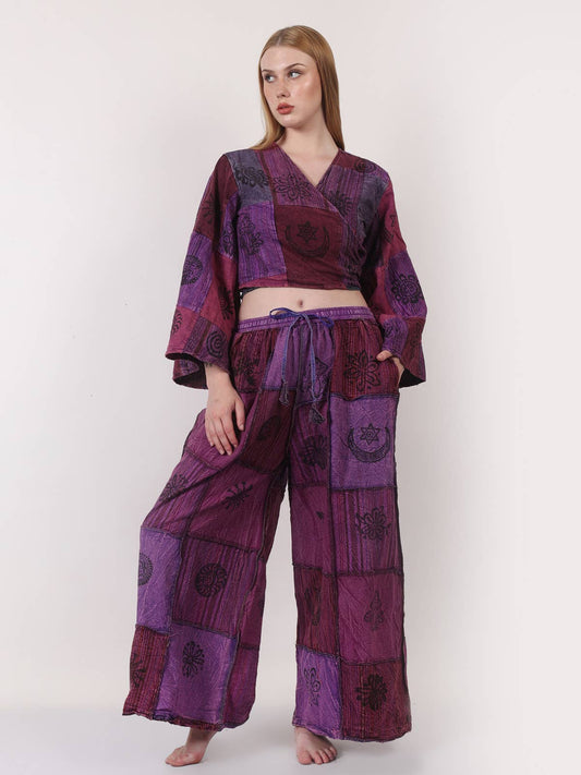 Women's Two Piece Deep V Neck Wrap Top & Wide Leg Pant Set