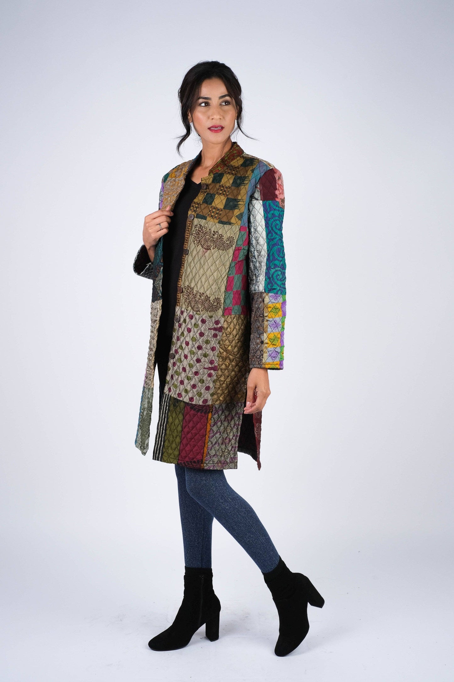 Vibrant Patchwork Quilted Poly Silk Jacket