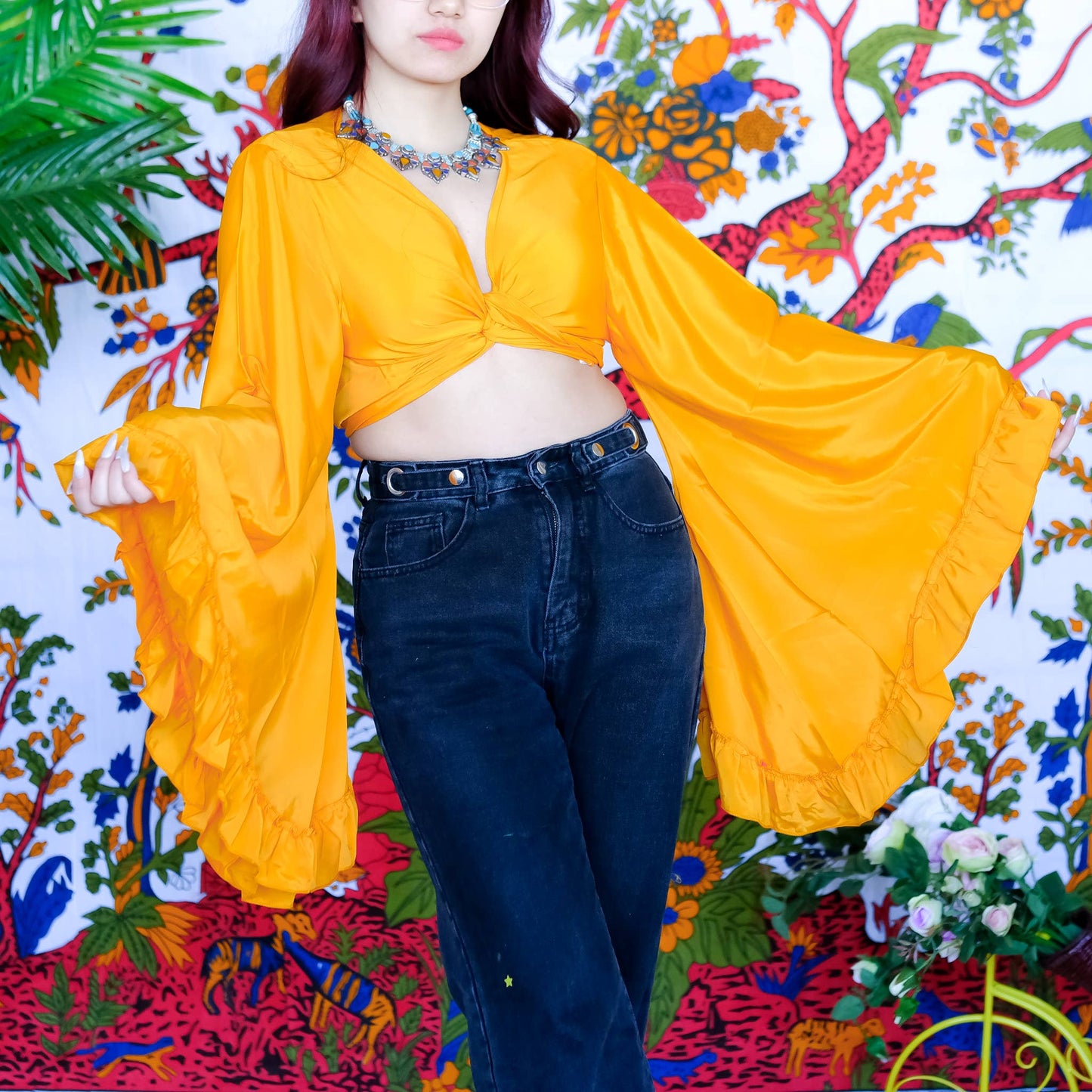 Solid Color Ruffle Sleeve Wrap Top