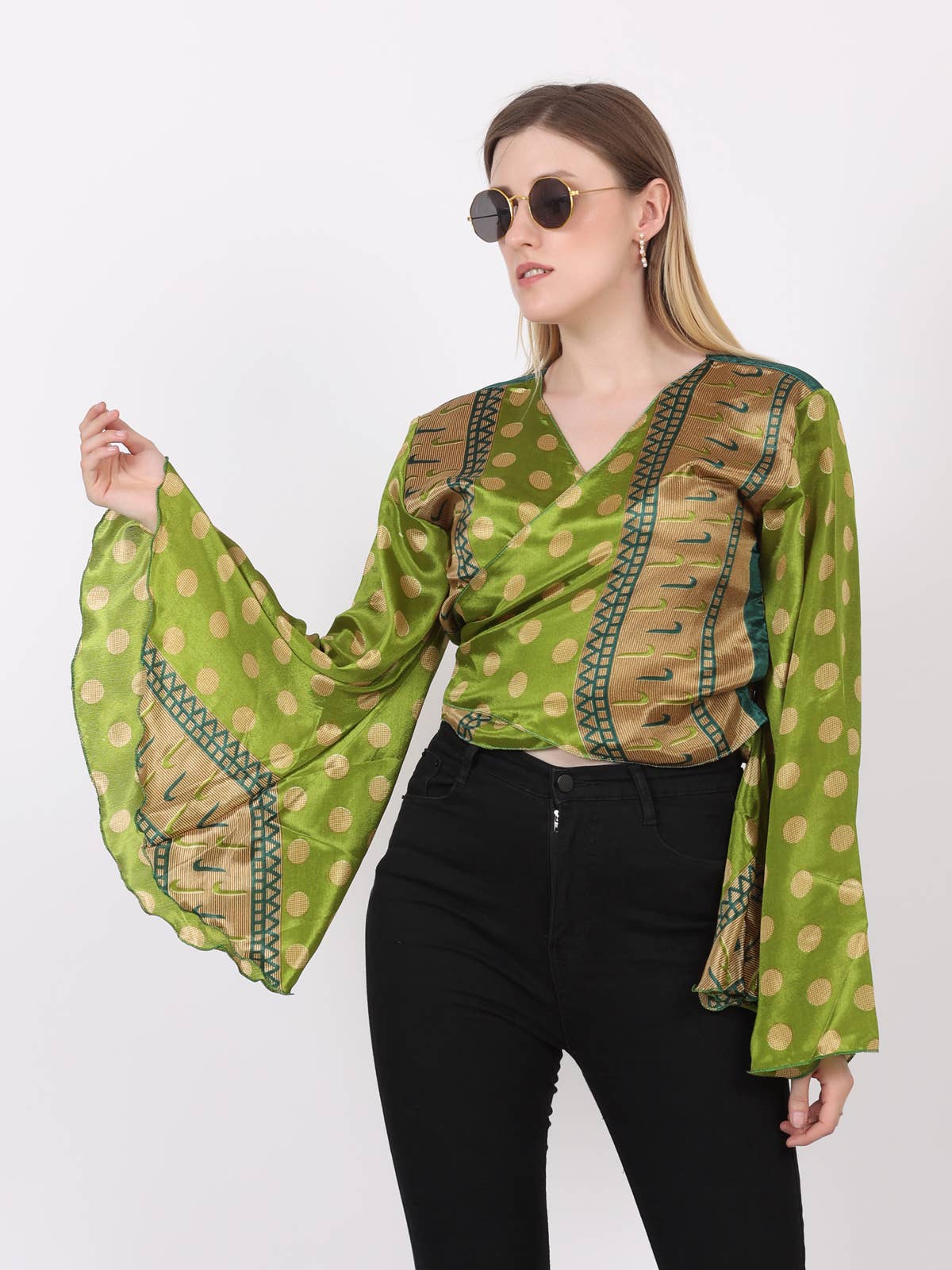 Women's Hippie V Neck Long Bell Sleeve Tie knot Floral Tops