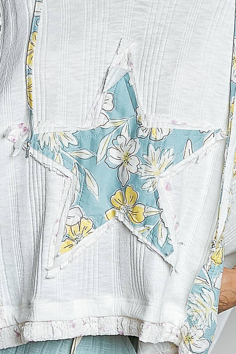 Long Sleeve Lace Contrast Floral Star Patch Knit Top SALE