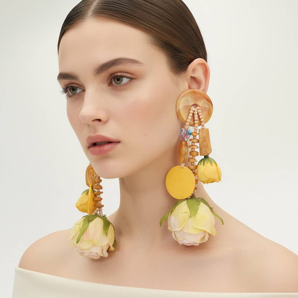 Bold Boho Beaded Tassel Floral Drop Statement Earrings