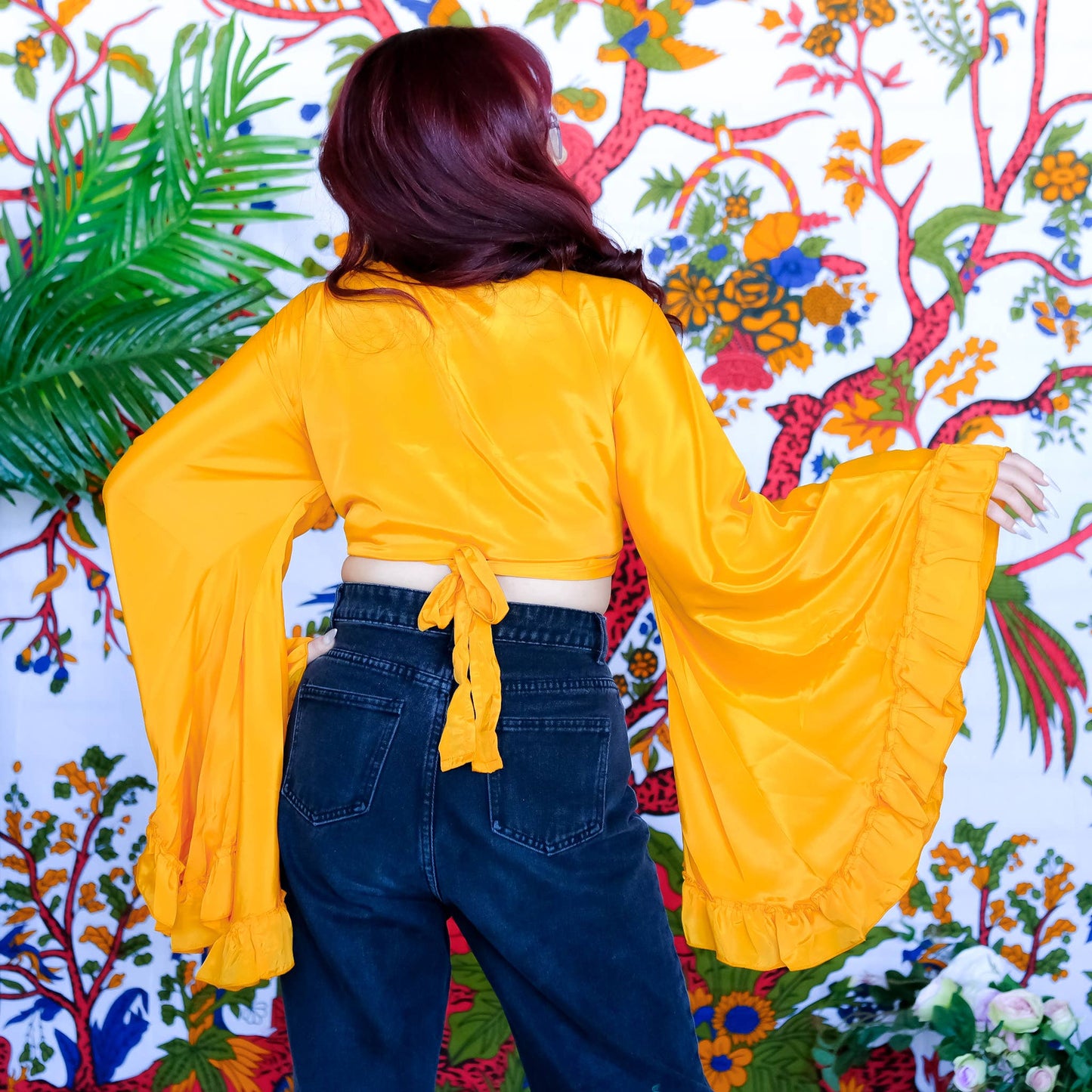 Solid Color Ruffle Sleeve Wrap Top