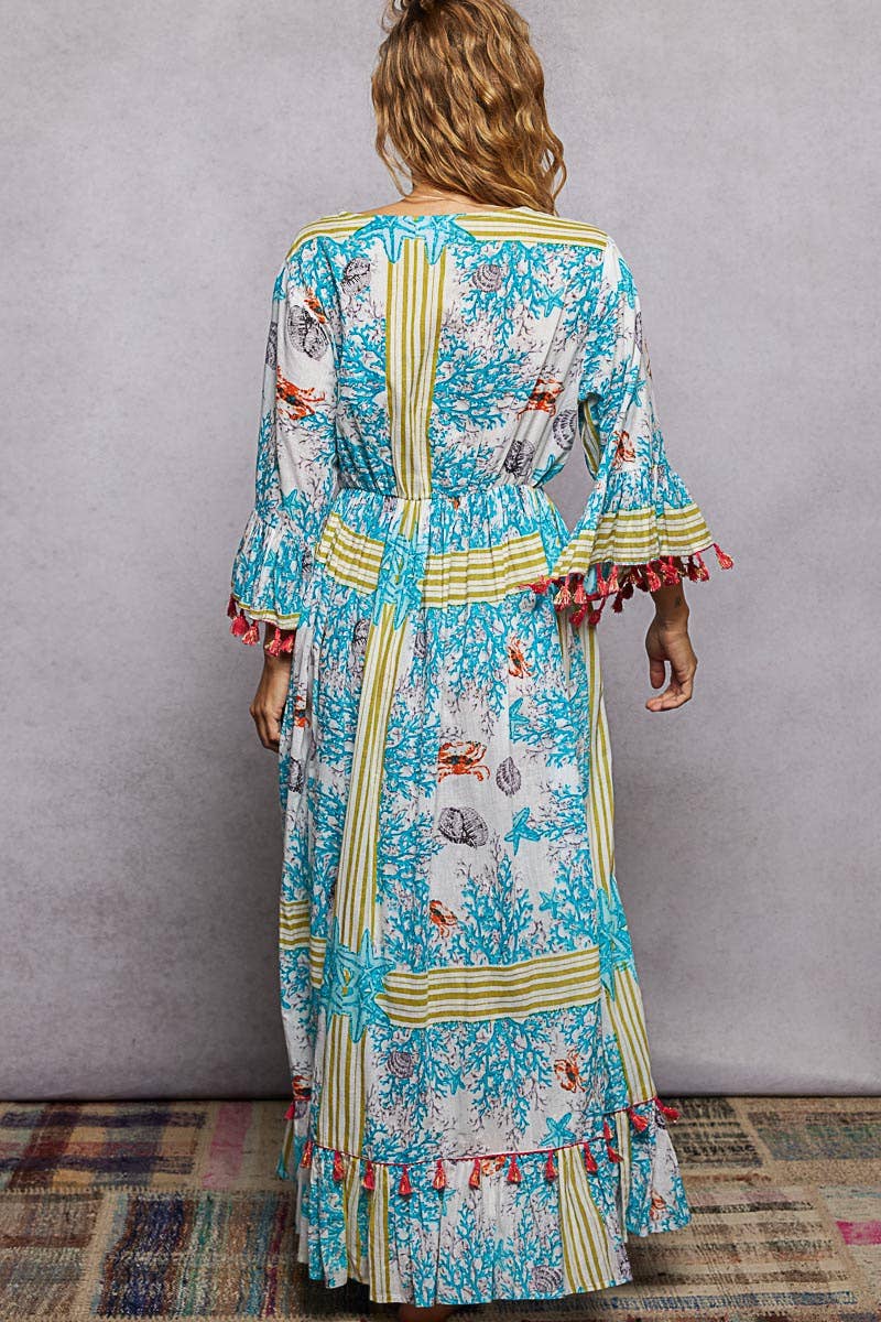 Beach Pattern V-neck Ruffle Sleeves Tassel Maxi Dress