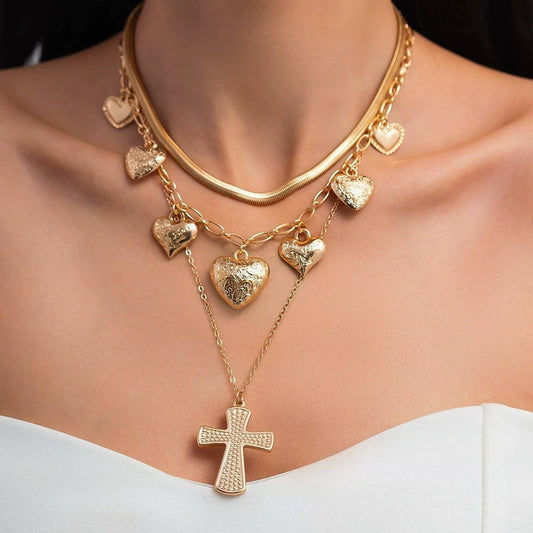 MULTI LAYERED CROSS MULTI HEART CHARM NECKLACE | 40NK9473