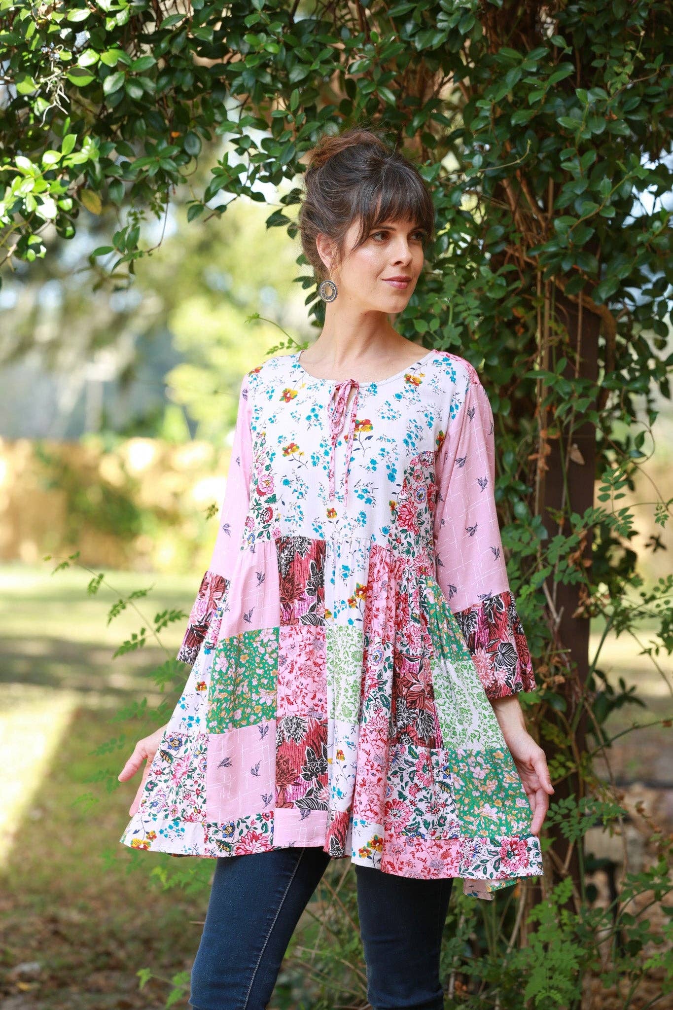 Petal Harmony Boho Tunic with Ruffled Sleeves