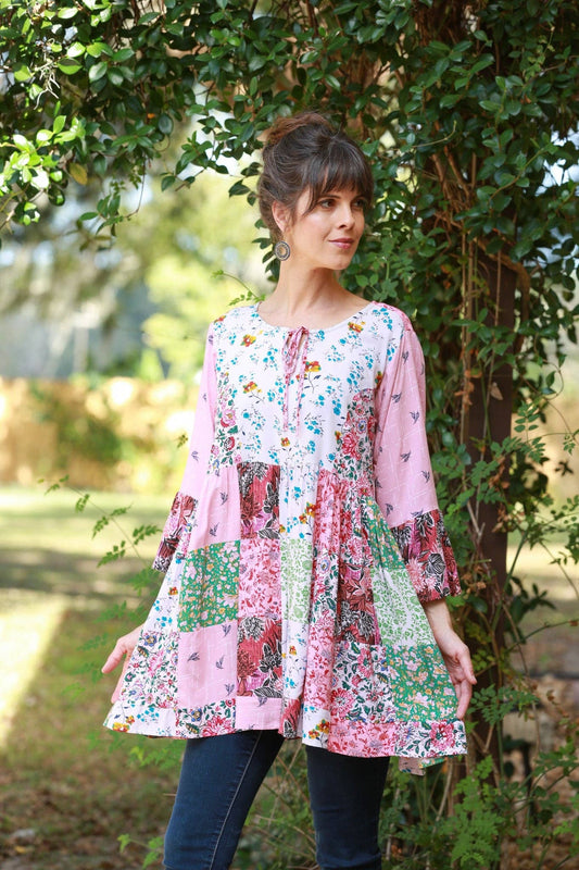 Petal Harmony Boho Tunic with Ruffled Sleeves