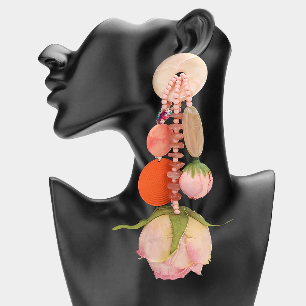 Bold Boho Beaded Tassel Floral Drop Statement Earrings