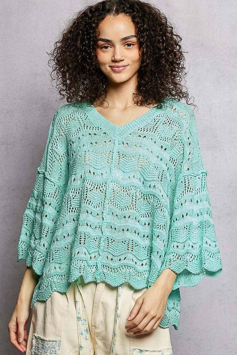 Open Knit V-Neck Oversized Short Sleeve Sweater Top SALE